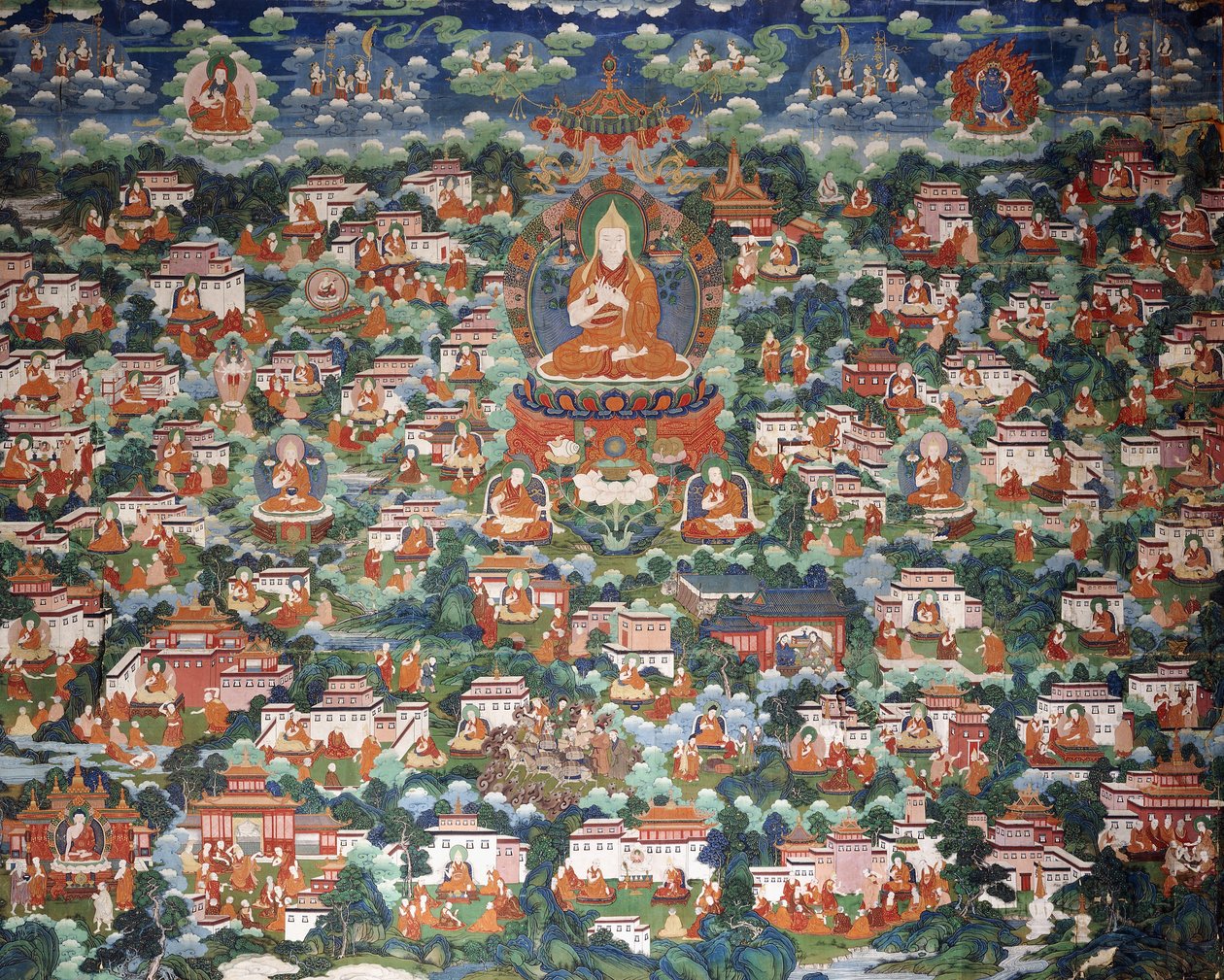 Tsong-Kha-Pa, sittande på en lotusblomma, omgiven av olika lärjungar av Chinese School