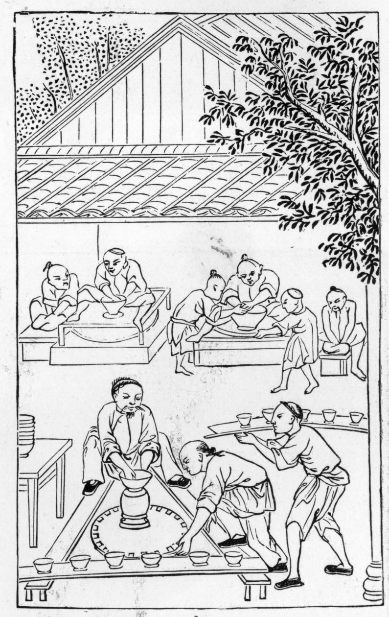 Svarvkoppar, från en serie illustrationer om tillverkning av porslin (se 384116 & 384117 för hela serien) av Chinese School