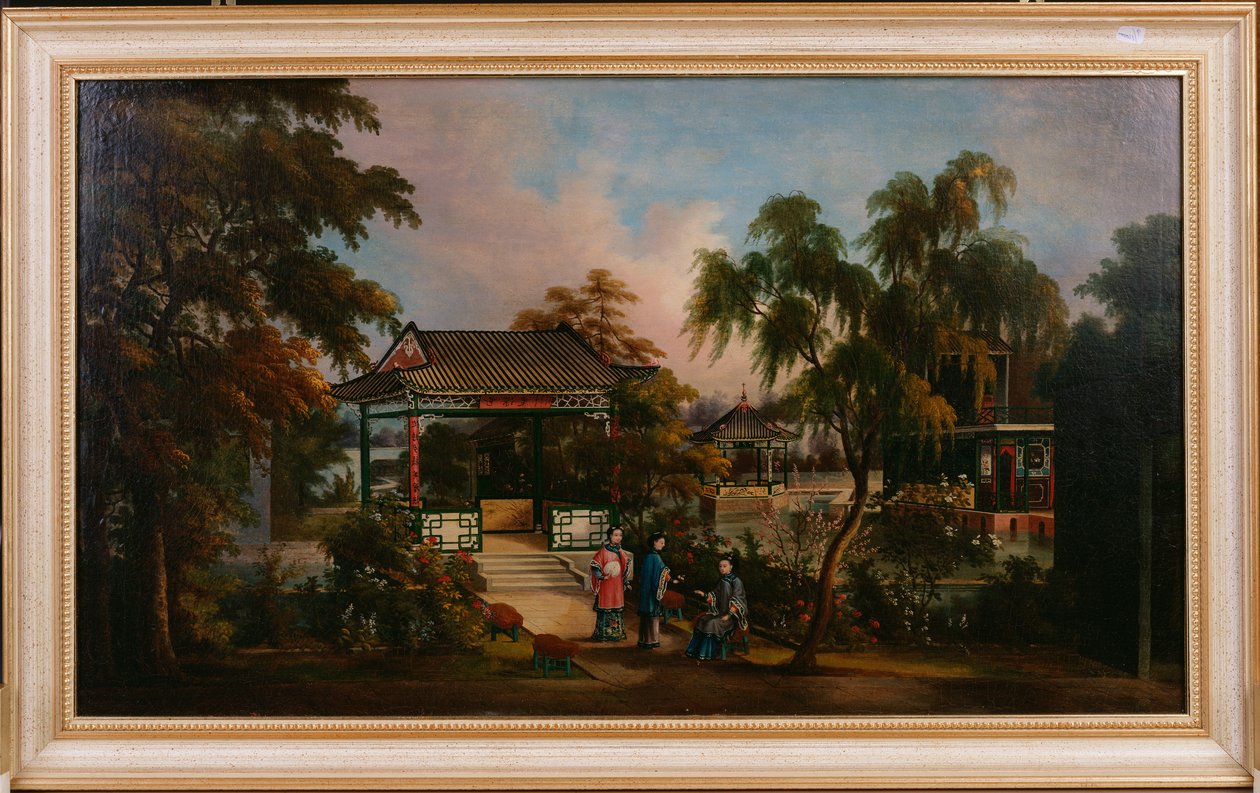 Utsikt över Howquas trädgård i kantonen med damer vid en paviljong, ca 1850 av Chinese School