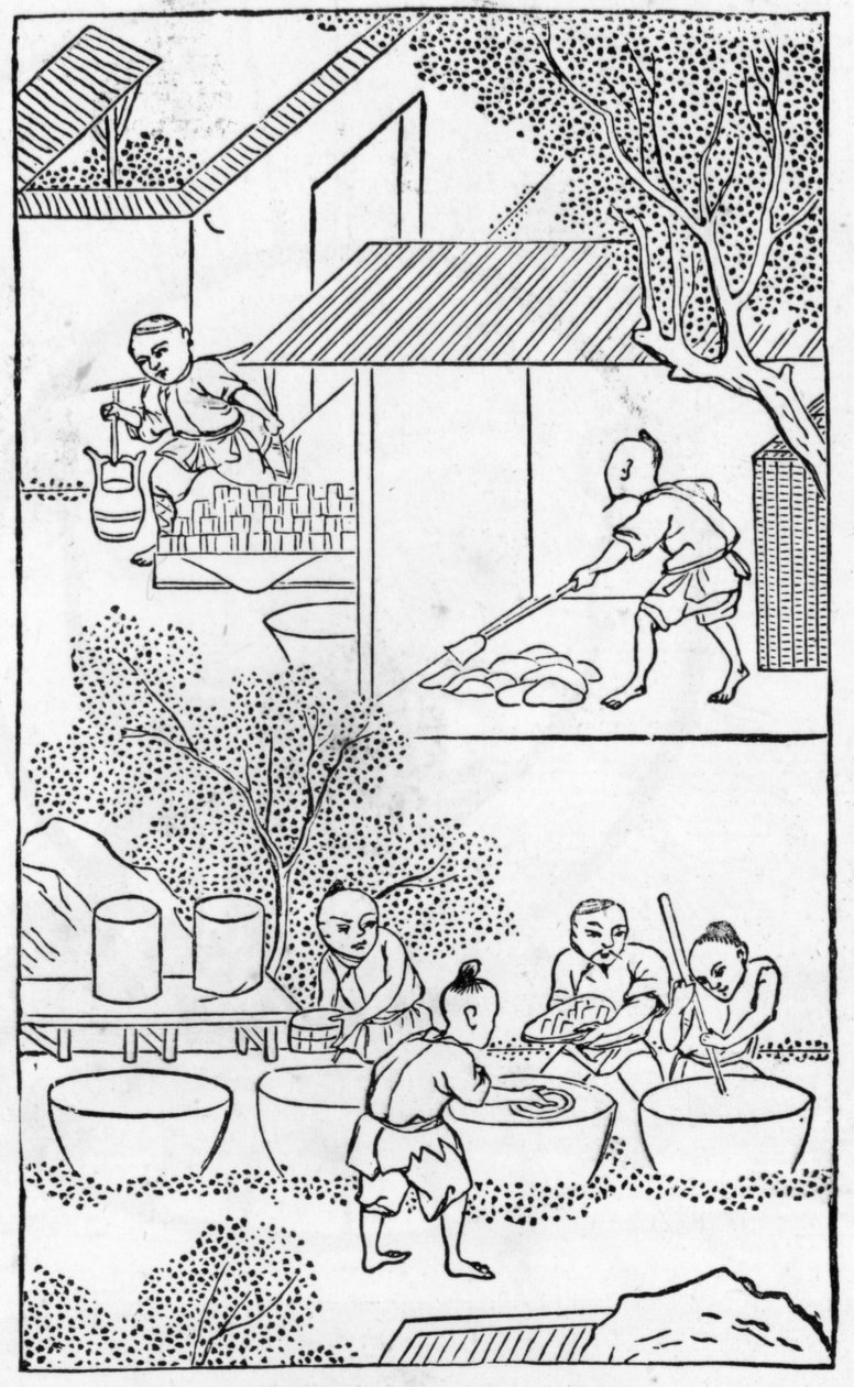 Tvätta leran, från en serie illustrationer av tillverkning av porslin (se 384116 & 384117 för hela serien) av Chinese School