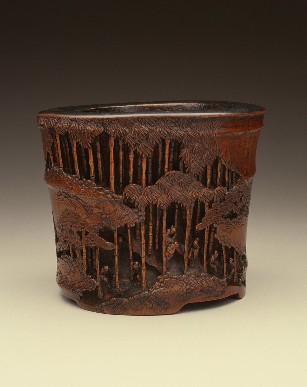 Stor penselkruka med de sju vise från bambulunden på deras litterära sysselsättningar i en bambuskog, Kang-hsi-perioden (1662-1722), Ching-dynastin (snickrad bambu) av Chinese School Chinese School