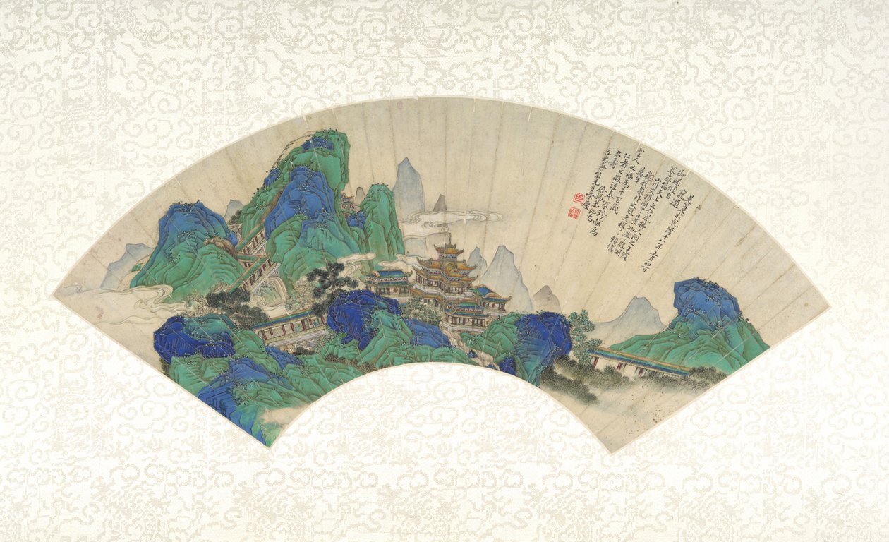 De odödligas palats, fällbar fläkt monterad som ett albumblad, 1753 (bläck, färg och guld på papper) av Chinese School Chinese School