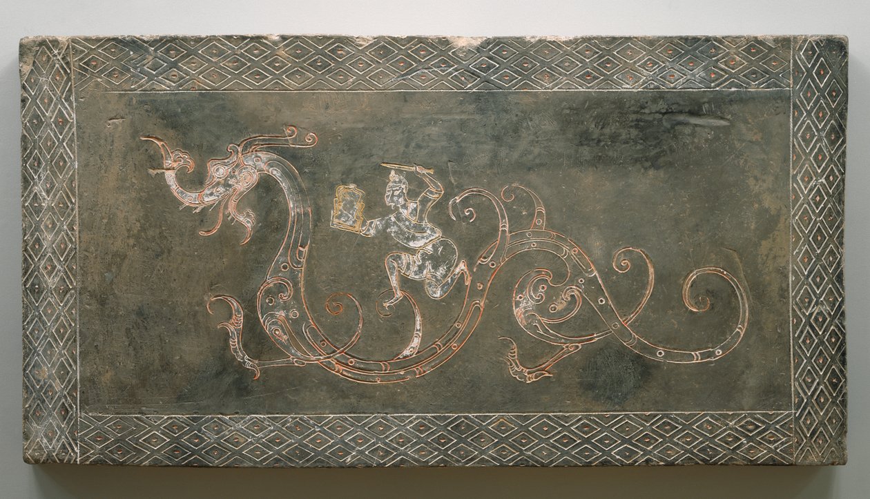 Tomb Brick, 206 BC-AD 09 (lergods med rött och vitt pigment) av Chinese School Chinese School