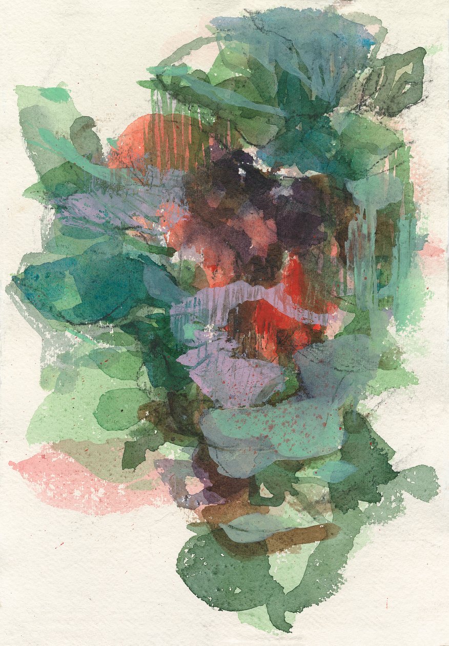 Abstrakt komposition, Organiska former/växtserie, 2021, akvarell, bläck, kol  gouache på akvarellpapper av Ching Fun Tso