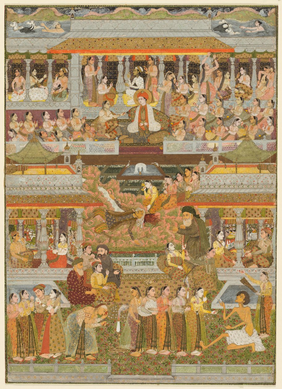 Älskare och älskade: En sammansättning av scener från persisk, urdu- och sanskritlitteratur, ca. 1735. av Chitarman II