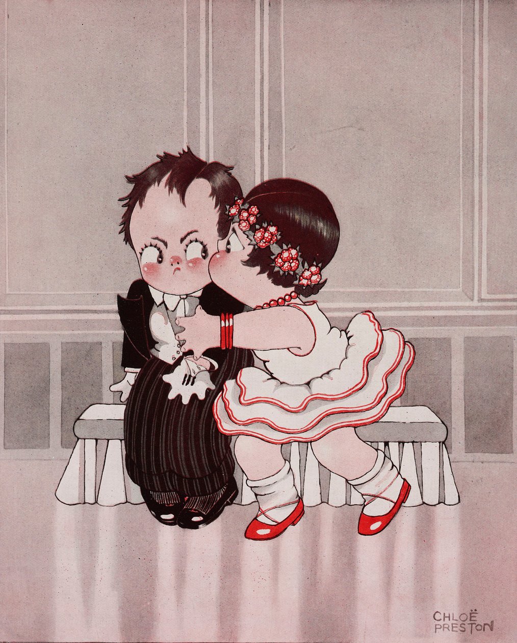 Den ständiga nymfen, Den irriterande kyssen, teckning av Chloe Preston (1887-1969) från The Tatler, nr 1370, 28 september av Chloe Preston