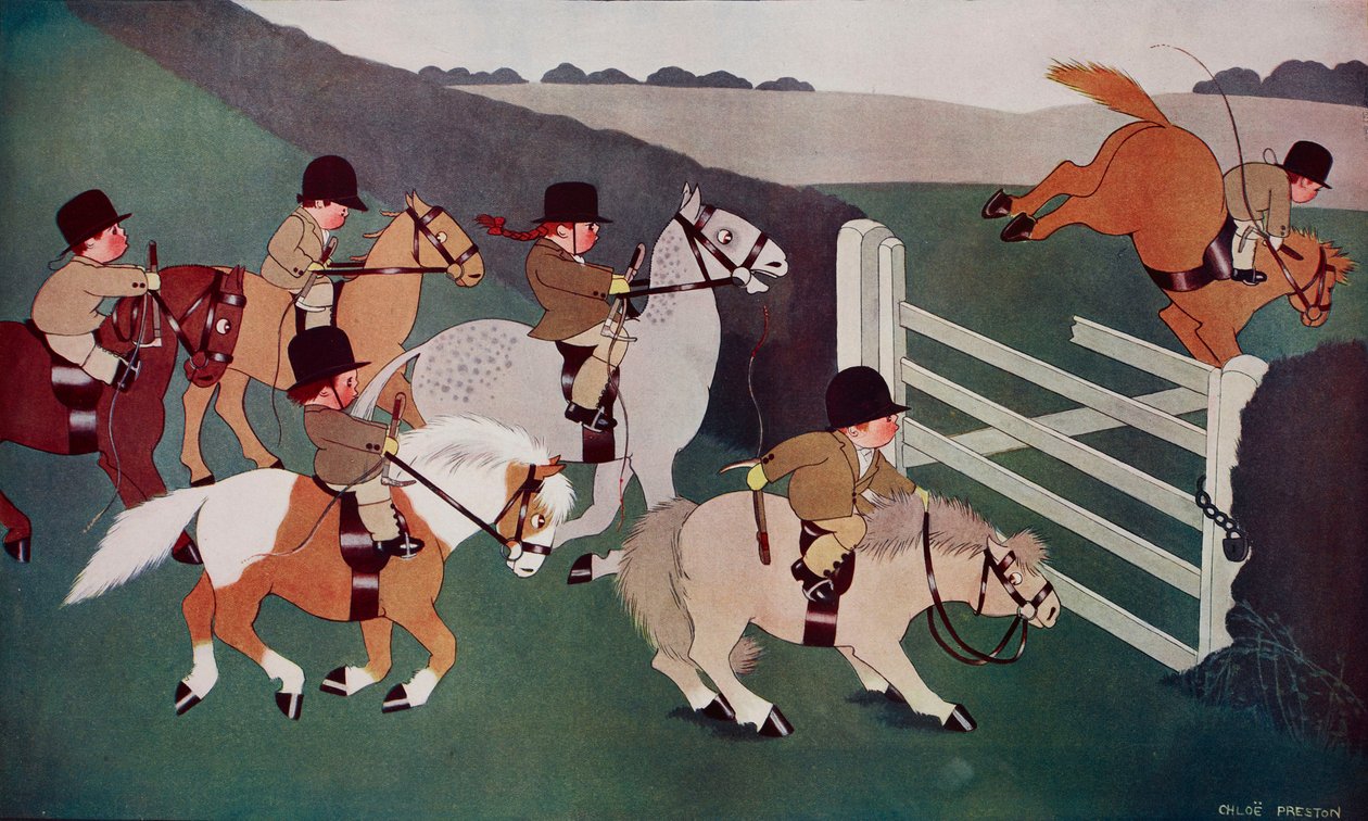 The gate crashers, jockeys på hästryggen, skämtteckning av Chloe Preston (1887-1969) från The Tatler, nr 1435, 26 december av Chloe Preston