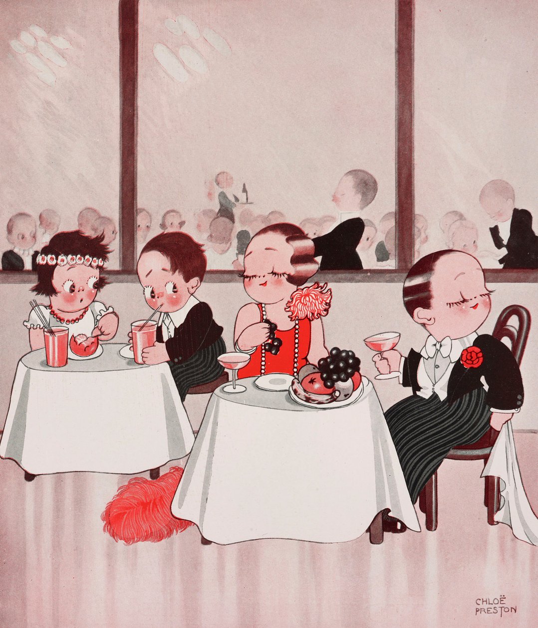 Town mice and country mice, förfinade medborgare mot oraffinerade landsmän, restaurangscen, teckning av Chloe Preston (1887-1969) från The Tatler, nr 1384, 4 januari av Chloe Preston