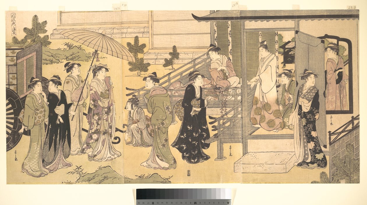 En förklädd scen ur Berättelsen om Genji (Fūryū Yatsushi Genji), kapitel 33, ”Blåregnsblad (Fuji no uraba)” av Chobunsai Eishi