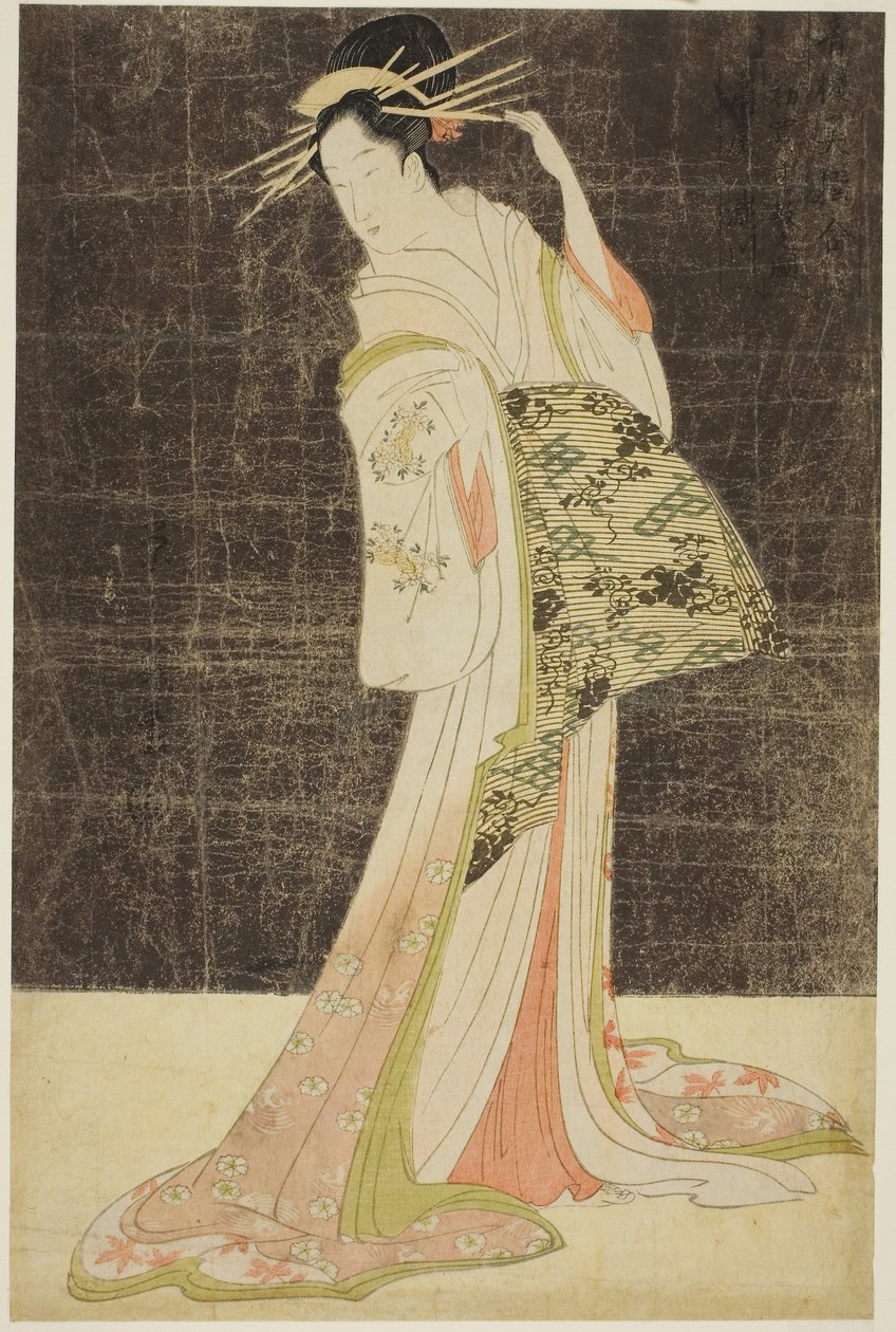 Ett urval av skönhet från nöjeskvarteren (Seiro bijin awase): Kurtisaner anlitade för nyårshelgerna - Takigawa från Ogiya, ca 1794 (trätryck i färg; oban) av Chobunsai Eishi