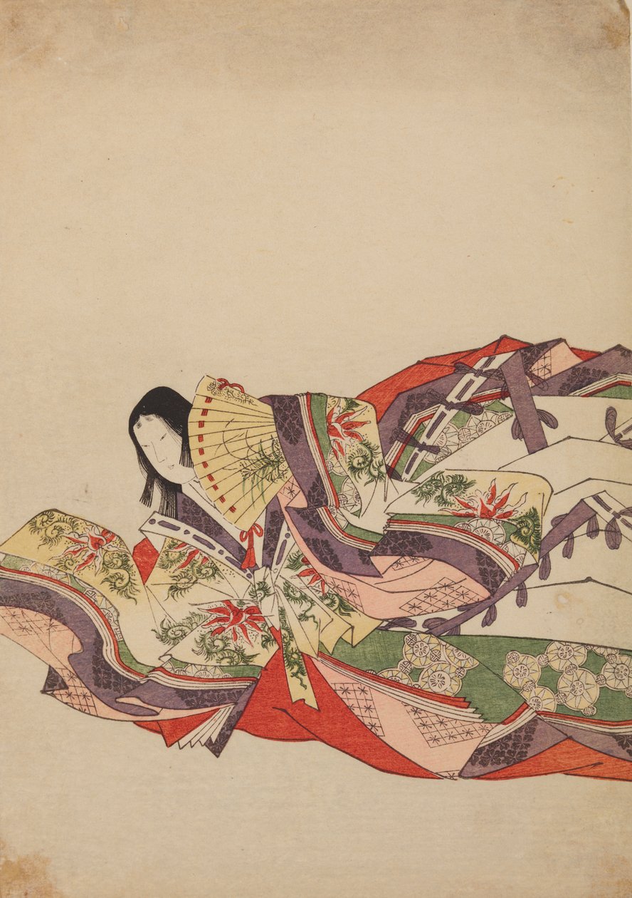 Sittande hovdam, framåtlutad med en solfjäder, plansch ur albumet: Nishiki-zuri onna sanju rokkasen e-zukushi av Chobunsai Eishi
