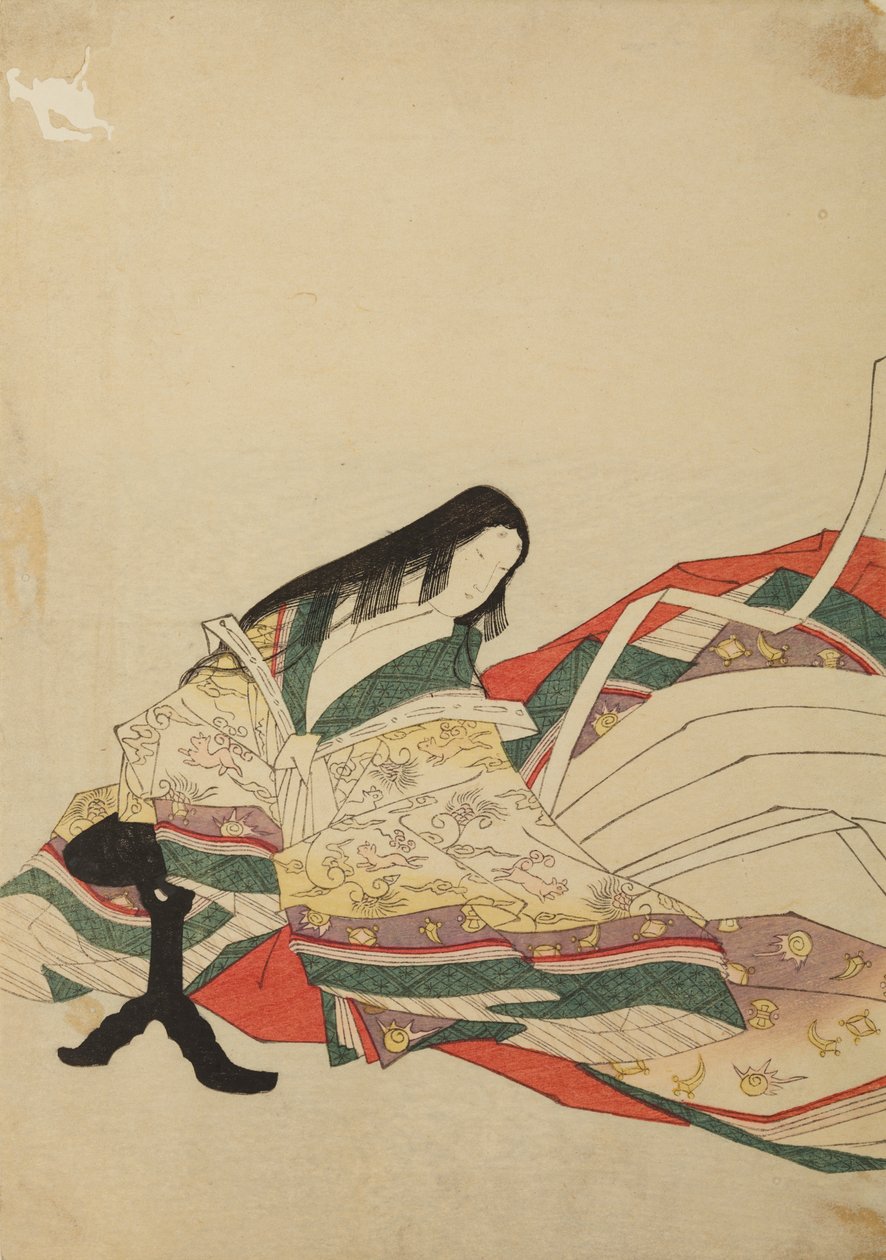 En hovdam som sitter framför ett svart bord, illustration ur albumet: Nishiki-zuri onna sanju rokkasen e-zukushi av Chobunsai Eishi