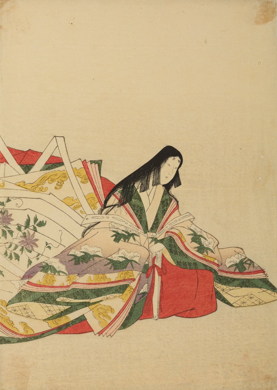 En sittande hovdam som stöder sig mot en solfjäder, illustration ur albumet: Nishiki-zuri onna sanju rokkasen e-zukushi av Chobunsai Eishi