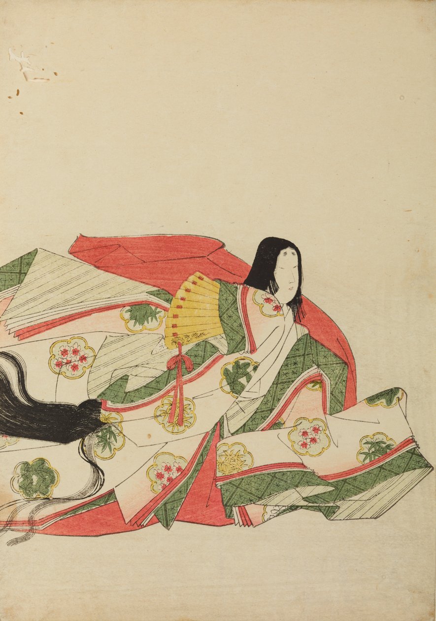 Sittande hovdam med en gul solfjäder, plansch ur albumet: Nishiki-zuri onna sanju rokkasen e-zukushi av Chobunsai Eishi