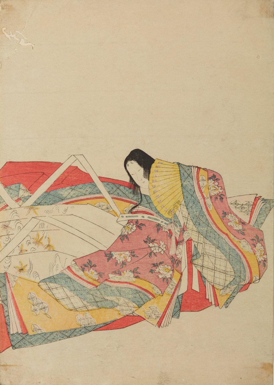 Sittande hovdam med gul solfjäder, blad ur albumet: Trettiosex poetissor / Nishiki-zuri onna sanju rokkasen e-zukushi av Chobunsai Eishi