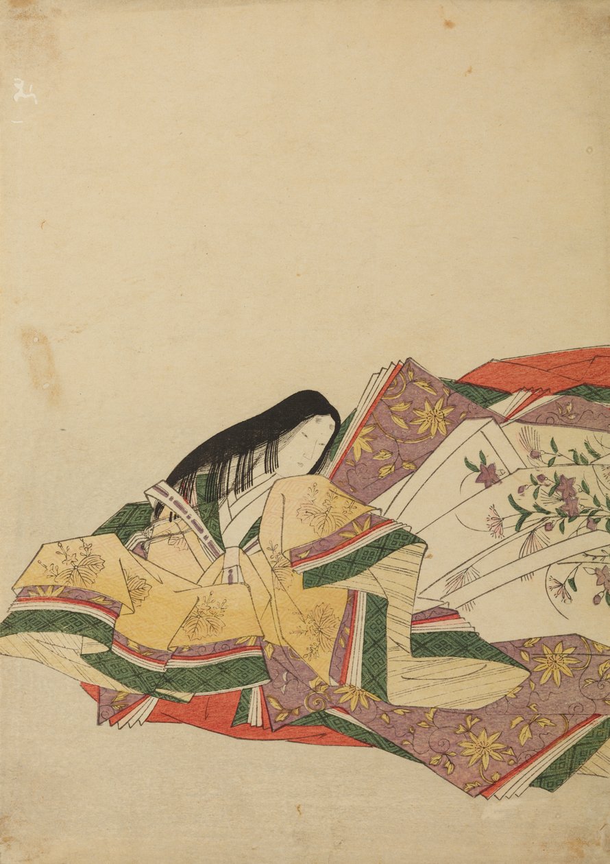 En sittande hovdam, vänd åt vänster, bild ur albumet: Nishiki-zuri onna sanju rokkasen e-zukushi av Chobunsai Eishi