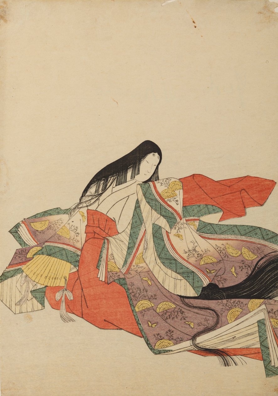 Sittande hovdam, vänd åt vänster, blad ur albumet: Nishiki-zuri onna sanju rokkasen e-zukushi av Chobunsai Eishi