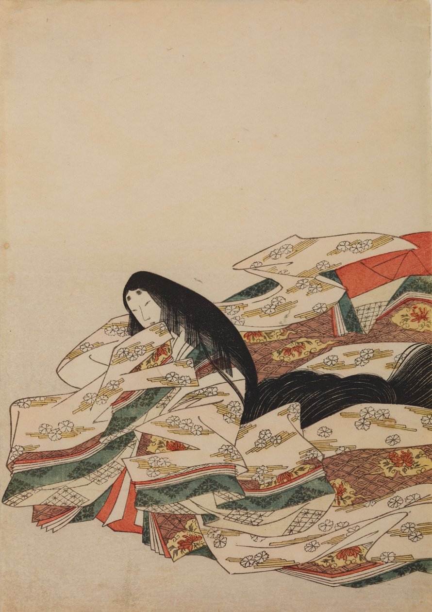 Sittande hovdam, vänd åt vänster, blad ur albumet: Nishiki-zuri onna sanjū rokkasen e-zukushi av Chobunsai Eishi