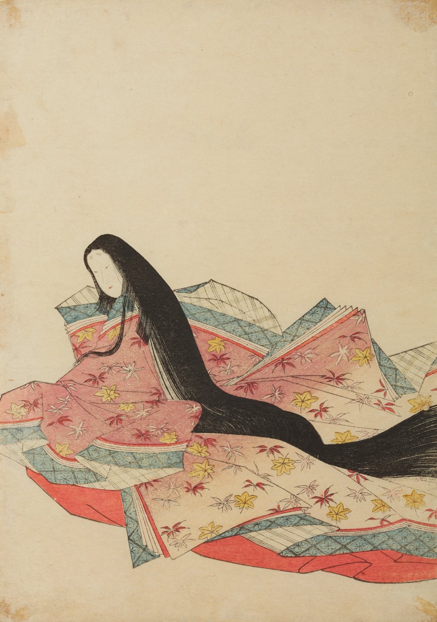 En hovdam som sitter, vänd åt vänster, i en lila-rosa dräkt, illustration ur albumet: Nishiki-zuri onna sanju rokkasen e-zukushi av Chobunsai Eishi