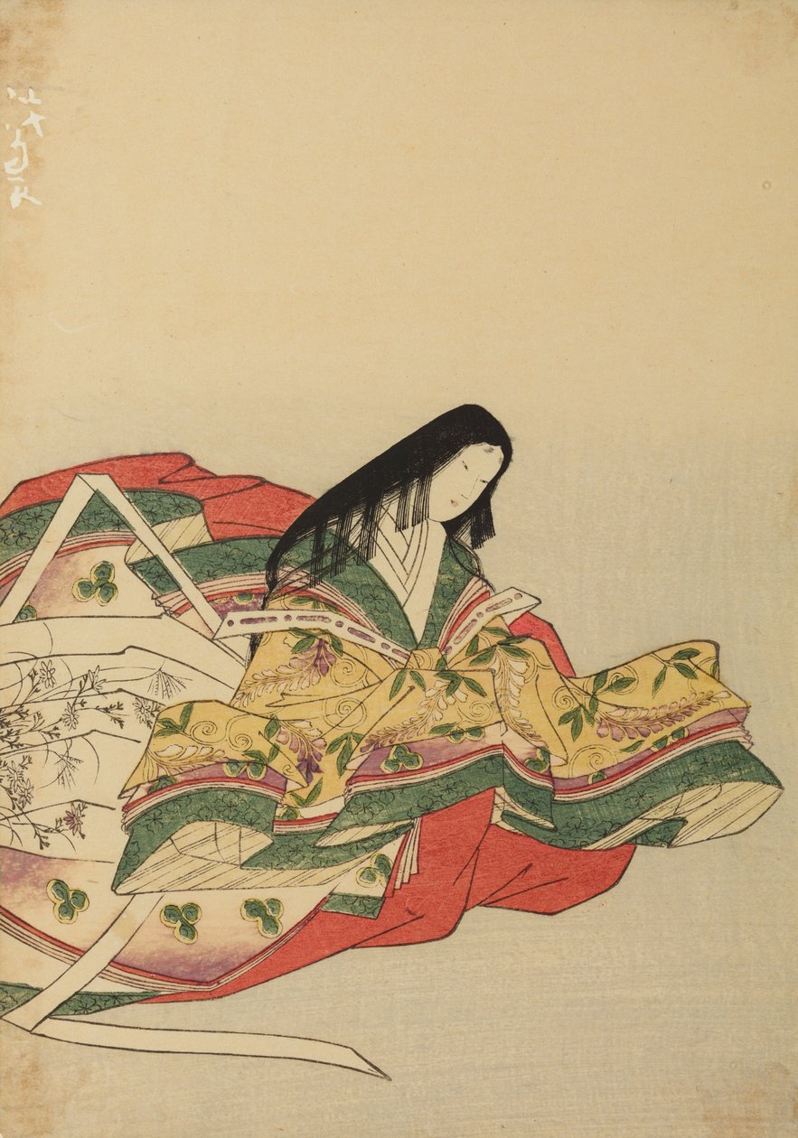 En sittande hovdam, vänd åt höger, illustration ur albumet: Nishiki-zuri onna sanju rokkasen e-zukushi av Chobunsai Eishi
