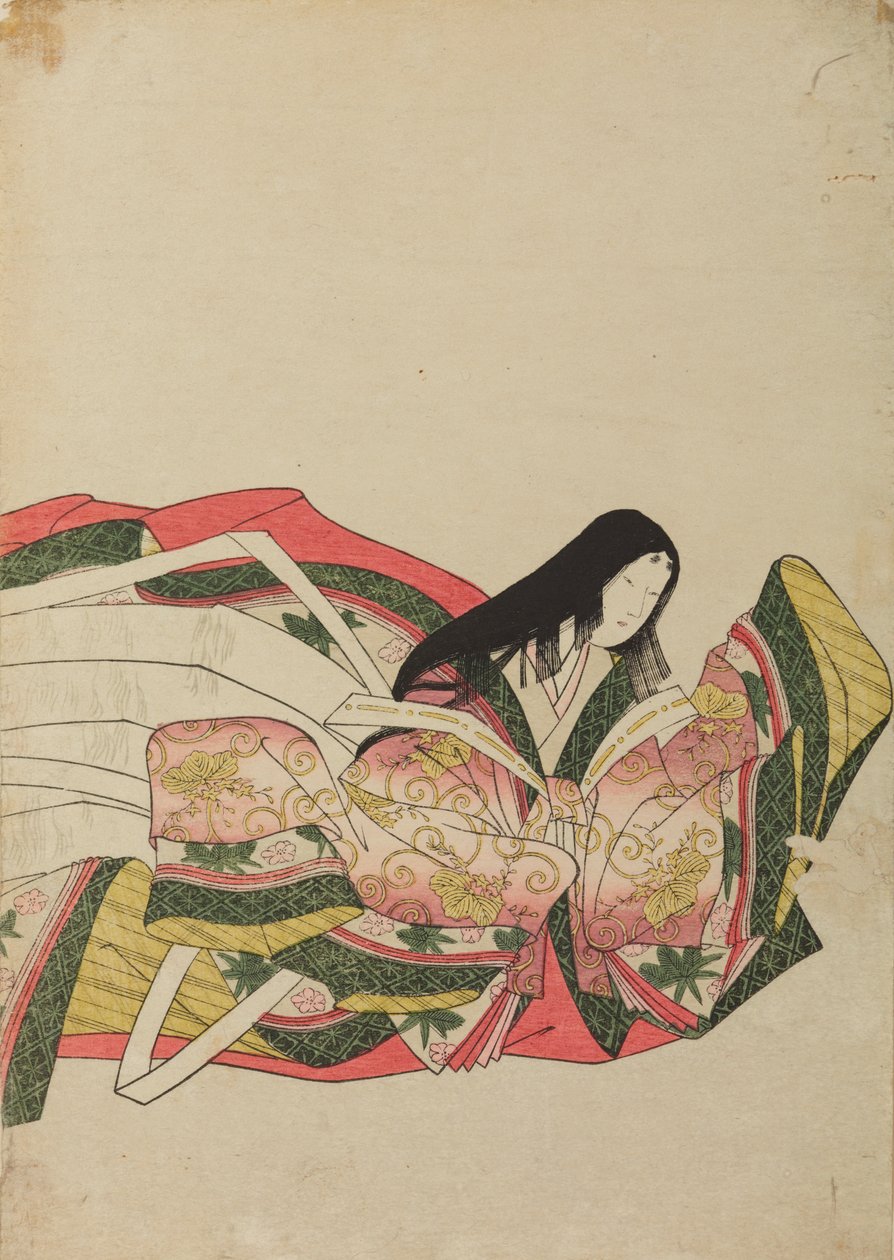 En hovdam som sitter och blickar åt höger, illustration ur albumet: Trettiosex kvinnliga poeter / Nishiki-zuri onna sanju e-zukushi av Chobunsai Eishi