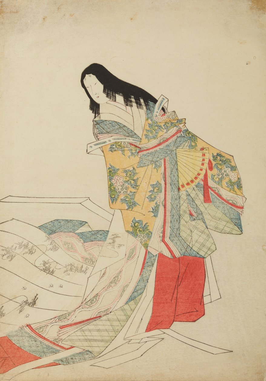 Stående hovdam med solfjäder, plansch ur albumet: Nishiki-zuri onna sanju e-zukushi av Chobunsai Eishi