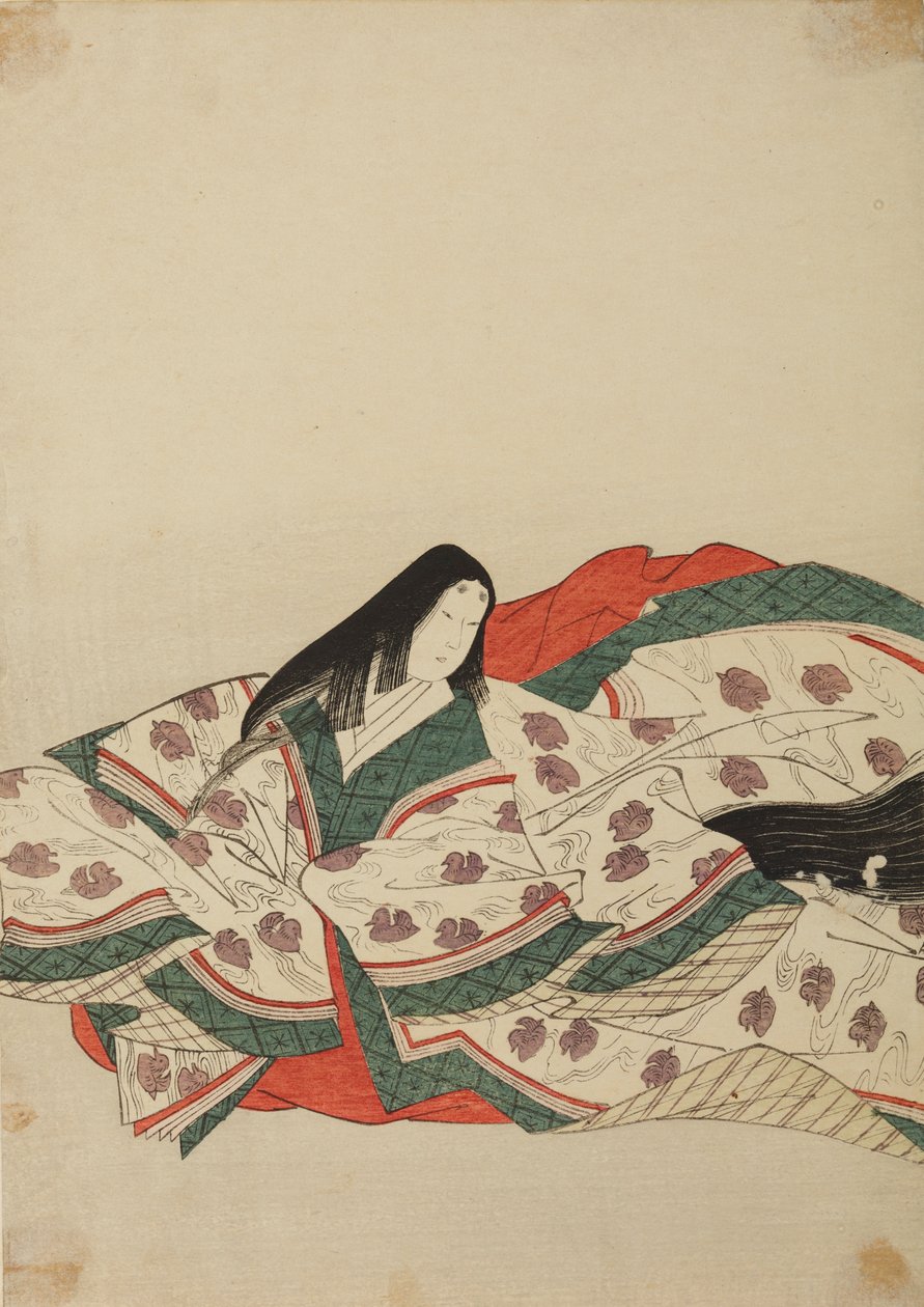 Hovdam i vit kimono med ett mönster av ankungar på vattnet, plansch ur albumet: Nishiki-zuri onna sanju rokkasen e-zukushi av Chobunsai Eishi