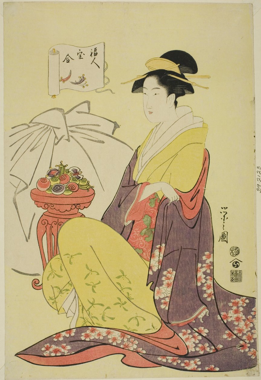 Hotei, från serien "Comparison of the Treasures of the Gods of Good Fortune (Fukujin takara awase)" av Chobunsai Eishi