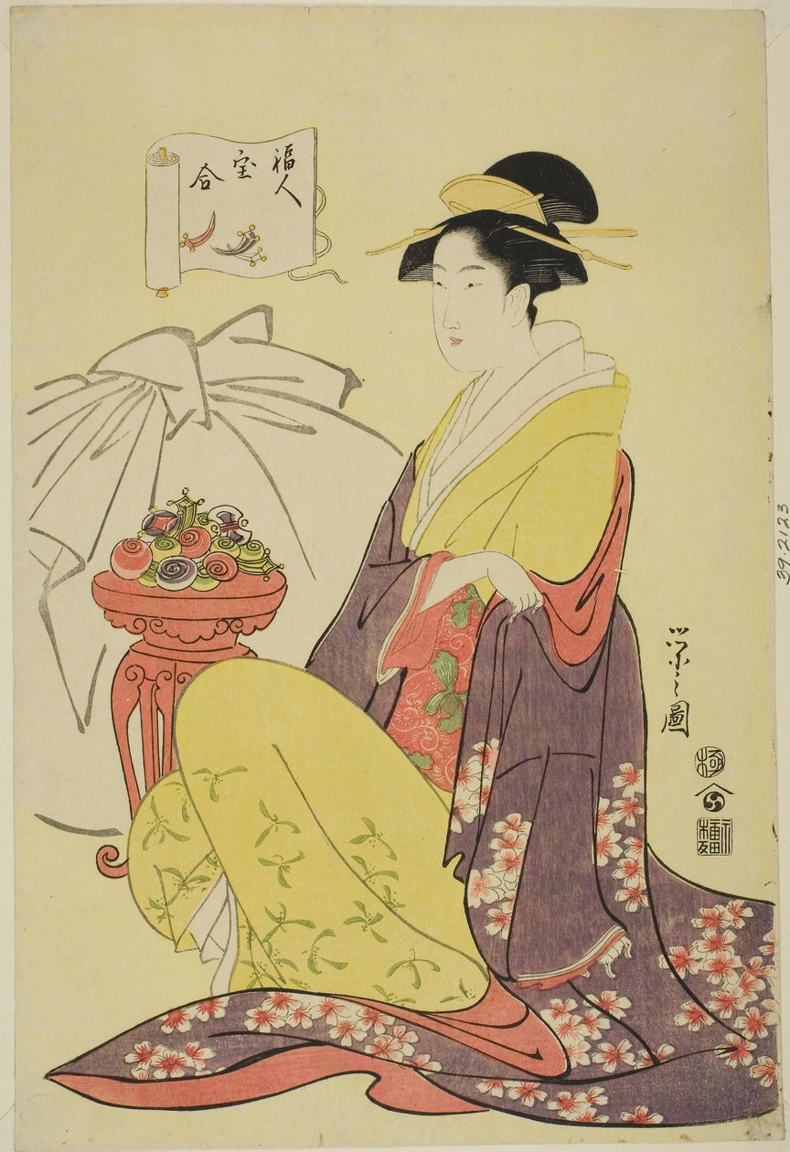 Hotei, från serien "Jämförelse av lyckogudarnas skatter (Fukujin takara awase)", ca 1795 (träsnitt i färg; oban) av Chobunsai Eishi
