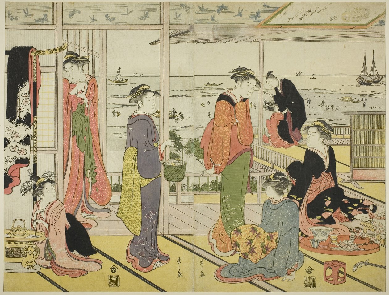 In a Pleasure House in Shinagawa (Shinagawa no rojo) (träsnitt i färg; två blad från en oban-triptyk) av Chobunsai Eishi