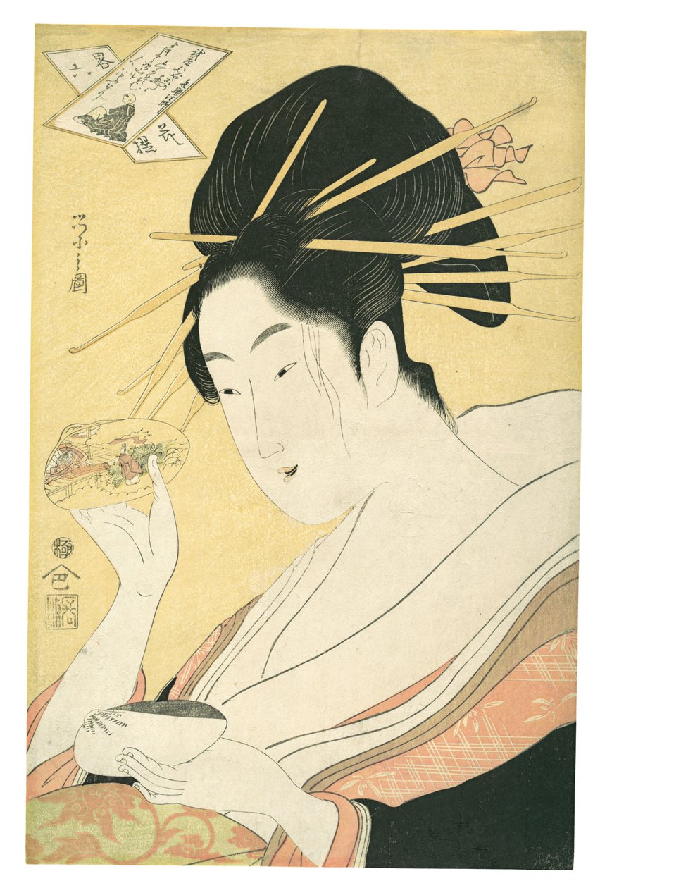 Matchande snäckskal (Kai-awase), ”Kisen Hōshi”, ur serien Moderna parodier på de sex odödliga poeterna (Yatsushi rokkasen: Kisen Hōshi) av Chobunsai Eishi