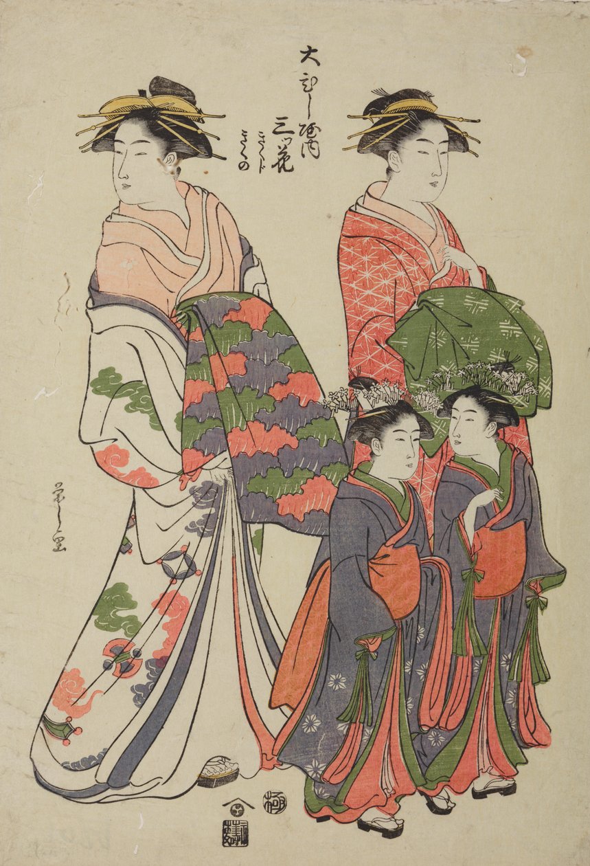 Oiran Mitsuhana från nöjeshuset Obishi-ya med en följeslagare och två kamuro, Kikuchi och Kikuno av Chobunsai Eishi