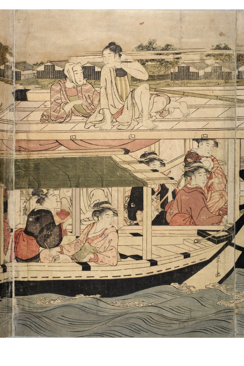 Del av en horisontell pentatyk av Sumida River-scenen av Chobunsai Eishi