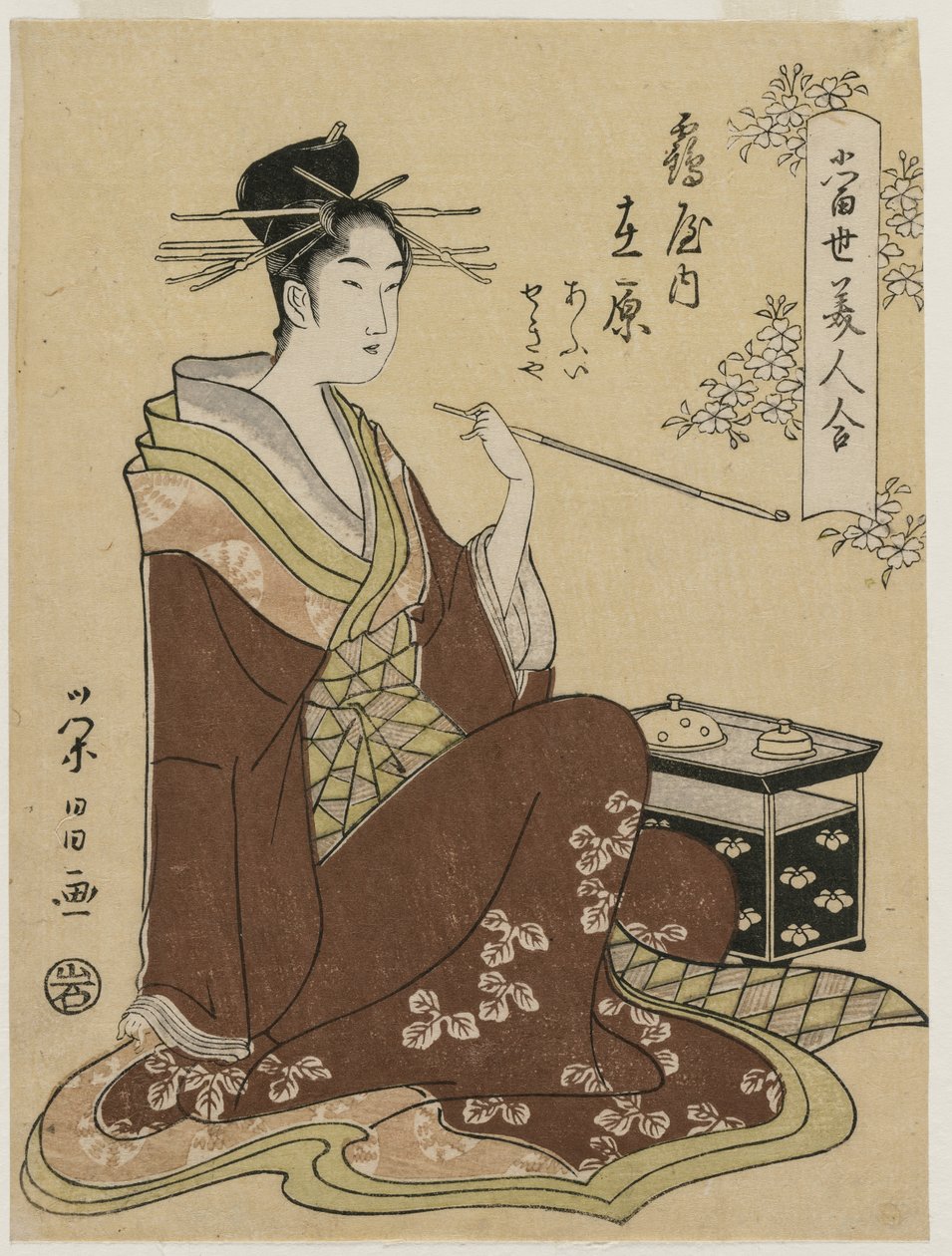 Courtesan Ariwara från Tsuruya sitter vid en rökkista (från serien A Collection of Modern Beautys) av Chobunsai Eishi