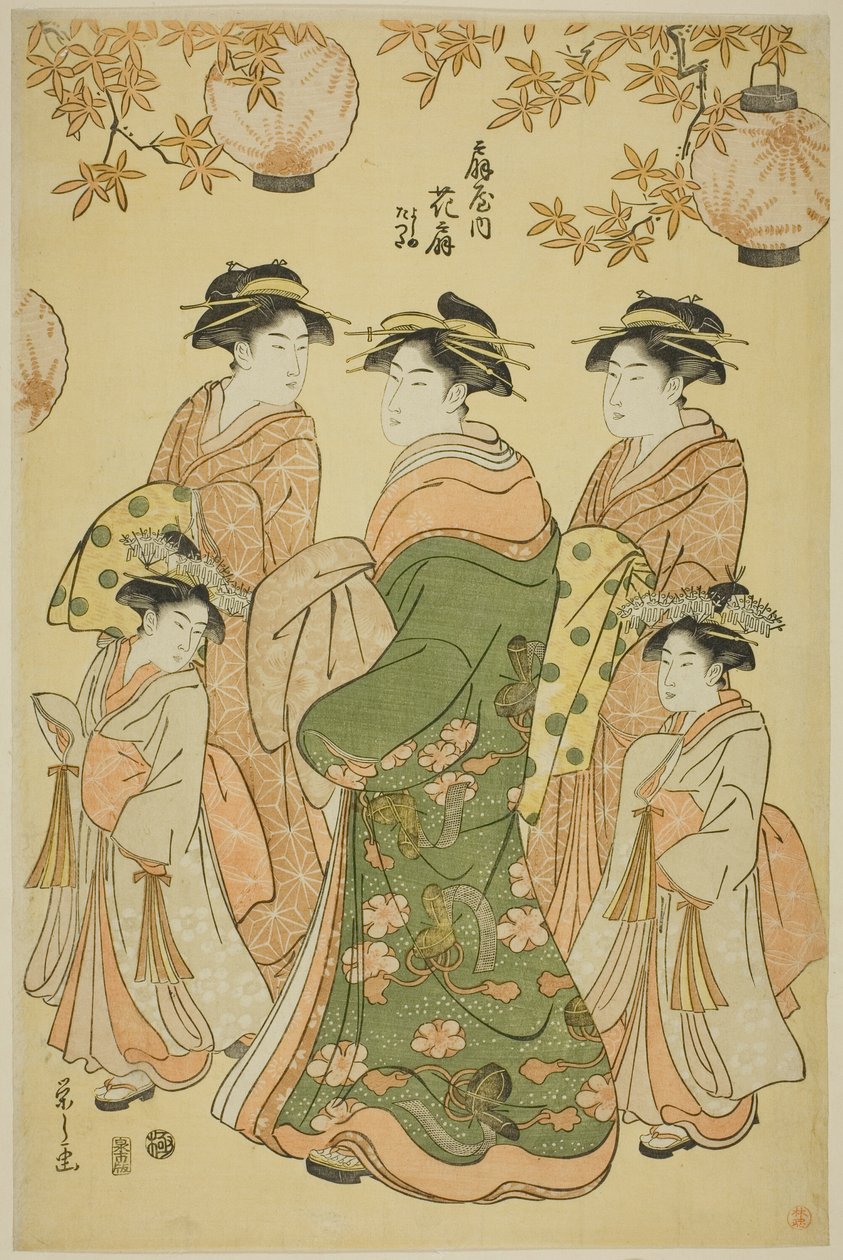 Courtesan Hanaogi från Ogiya, med barnskötare Yoshino och Tatsuta av Chobunsai Eishi