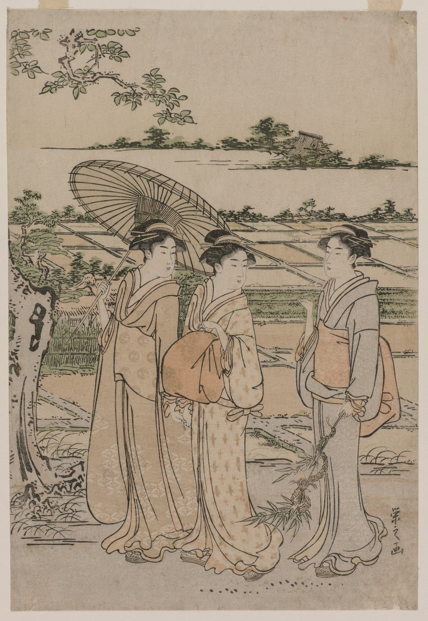 Tre kvinnor som promenerar på landsbygden, mitten av 1780-talet. av Chobunsai Eishi