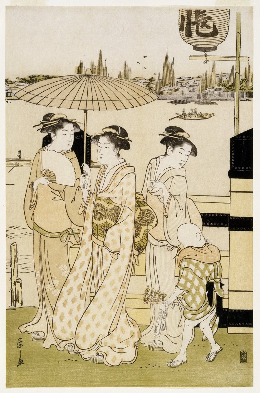 Tre kvinnor och en pojke längs floden Sumida, 1788-89 (träblocktryck) av Chobunsai Eishi