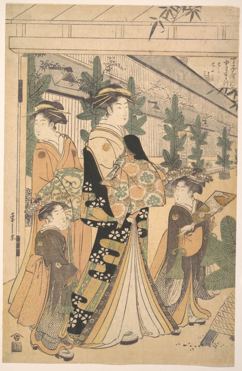 Två oiran med två kvinnliga tjänarinnor i Yoshiwara av Chobunsai Eishi