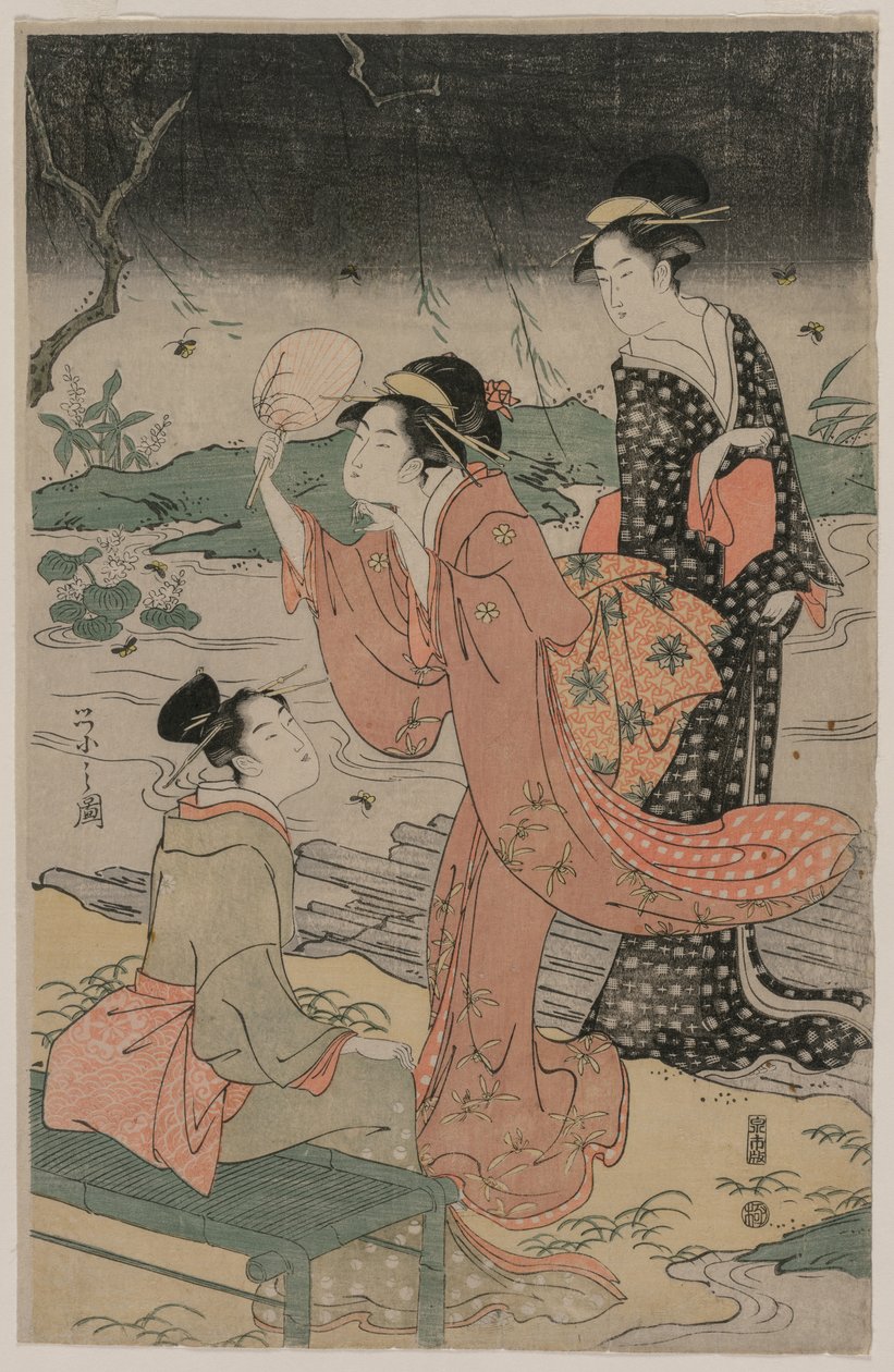 Kvinnor vid sidan av en bäck som jagar eldflugor, mitten av 1790-talet. av Chobunsai Eishi