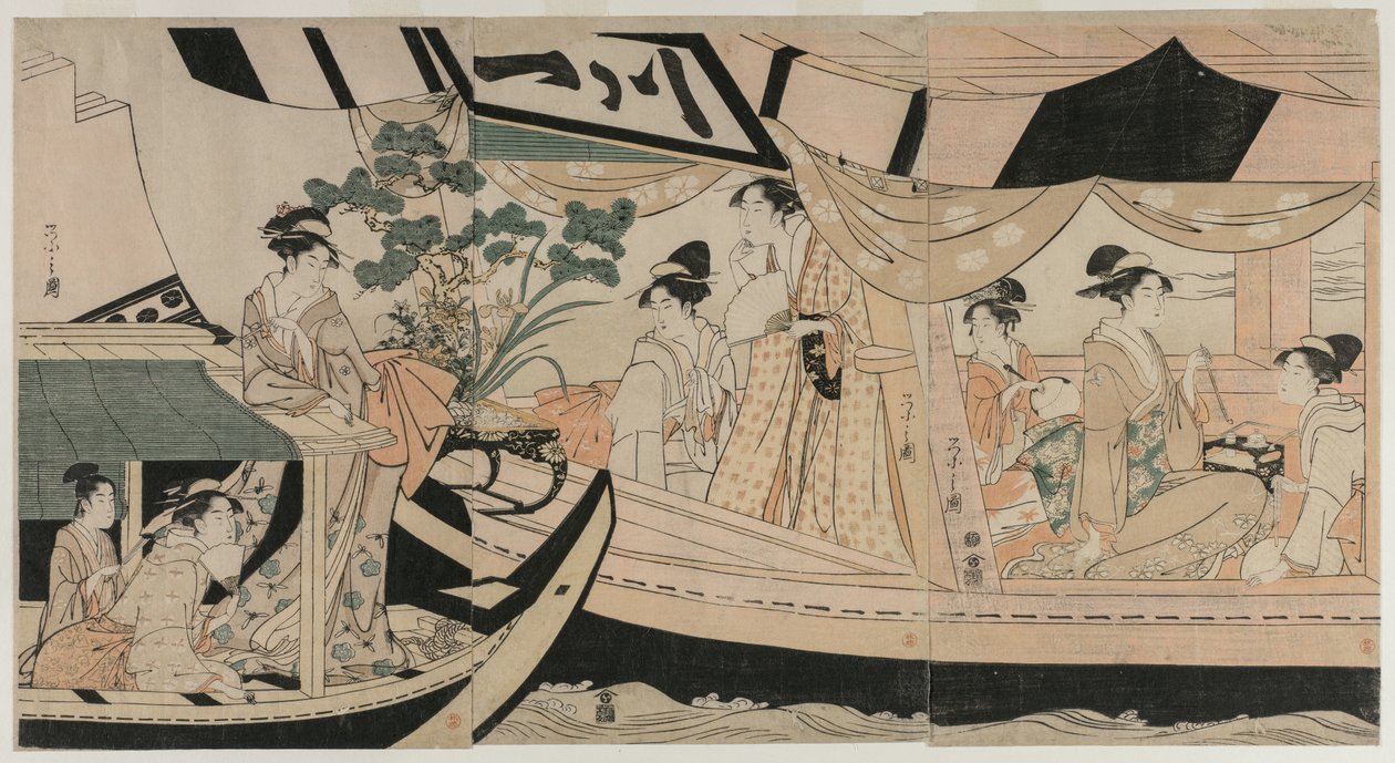 Kvinnor i en fritidsbåt på Sumidafloden, mitten av 1790-talet. av Chobunsai Eishi