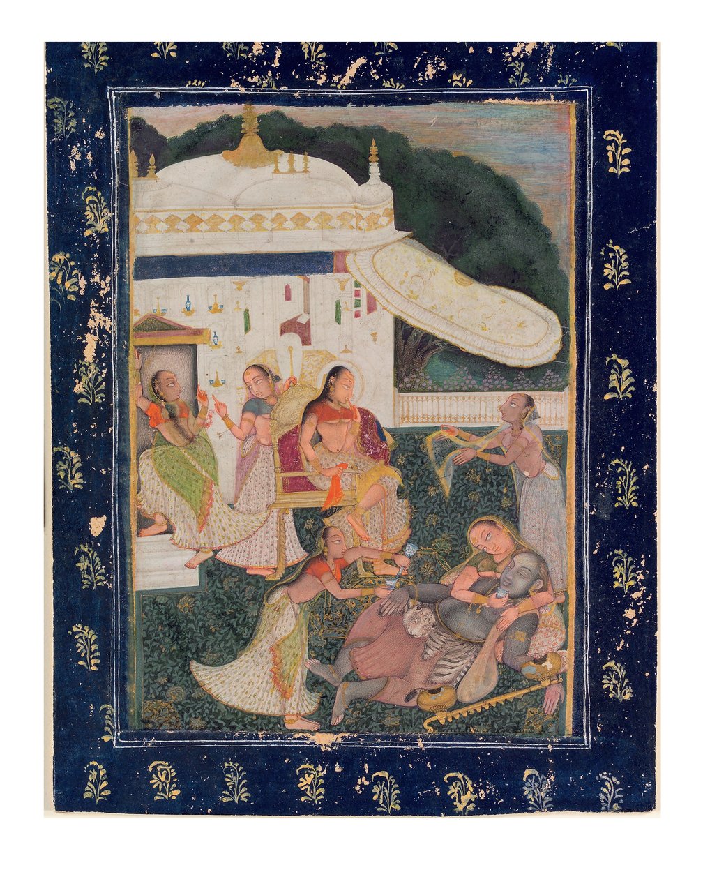 Sömning vid åsynen av den vackra Kamakandala, ca 1785 (ogenomskinlig wc och guld på papper) av Chokha