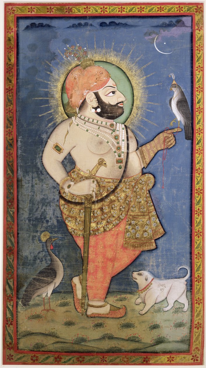 Maharana Bhim Singh av Mewar med en hök, Udaipur (Mewar) Rajasthan, ca 1805 (gouache med guld på tyg) av Chokha