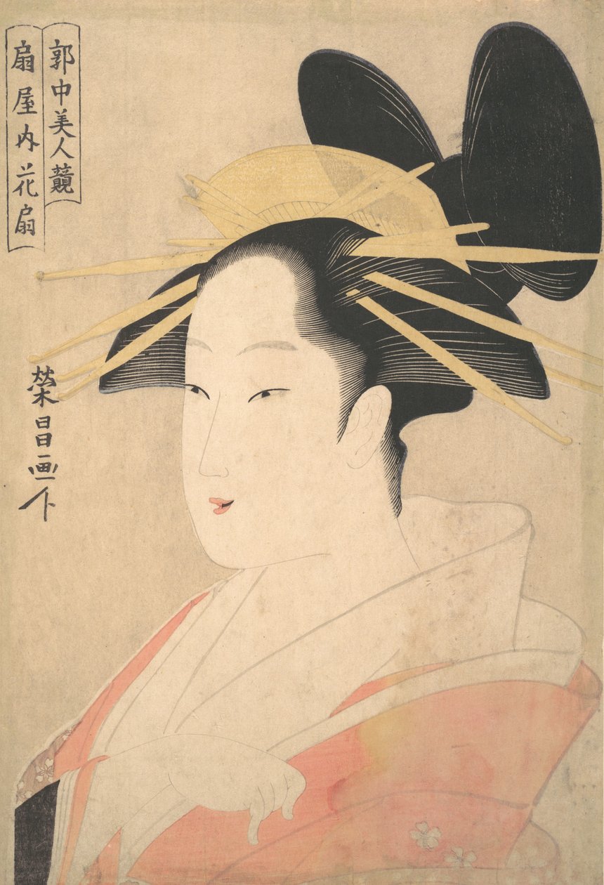 Stort huvud- och bystporträtt av Oiran Hanaogi från Ogiya., troligen 1798 av Chokosai Eisho