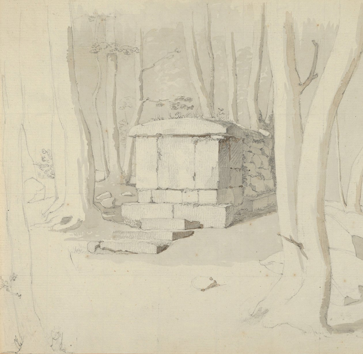 A Stone Tomb in a Forest, verso: Study of a Flower, 1830. av Christen Købke