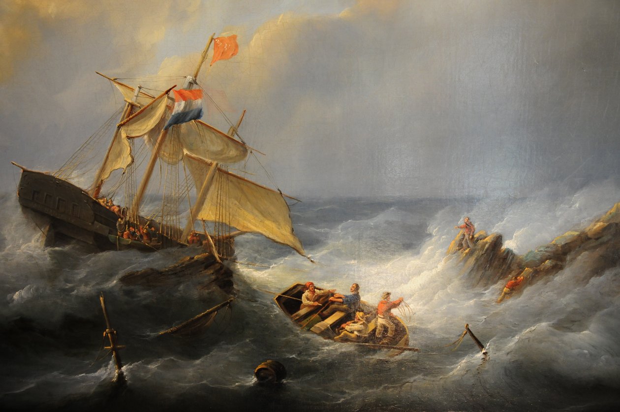 ett fartyg i problem vid en stenig kust av Christiaan Cornelis Kannemans