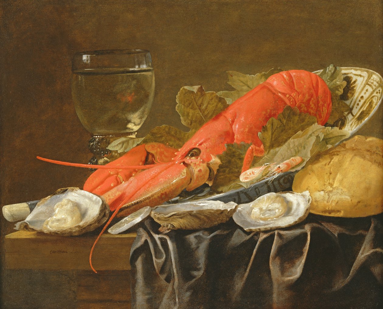 Stilleben med hummer, räkor, roemer, ostron och bröd (olja på koppar) av Christiaan Luykx or Luycks