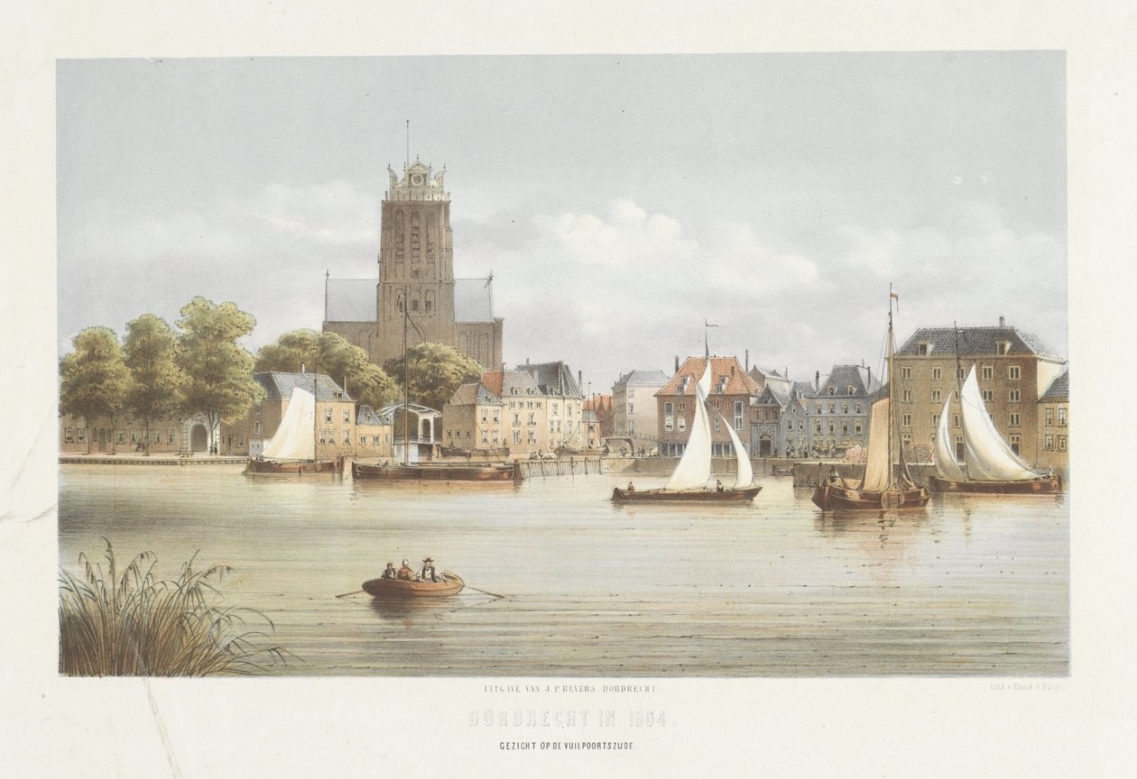 Utsikt över Dordrecht Utsikt över Vuilpoorts sida (titel på objekt) Utsikt över Dordrecht 1864 (serietitel på objekt) av Christiaan Bos