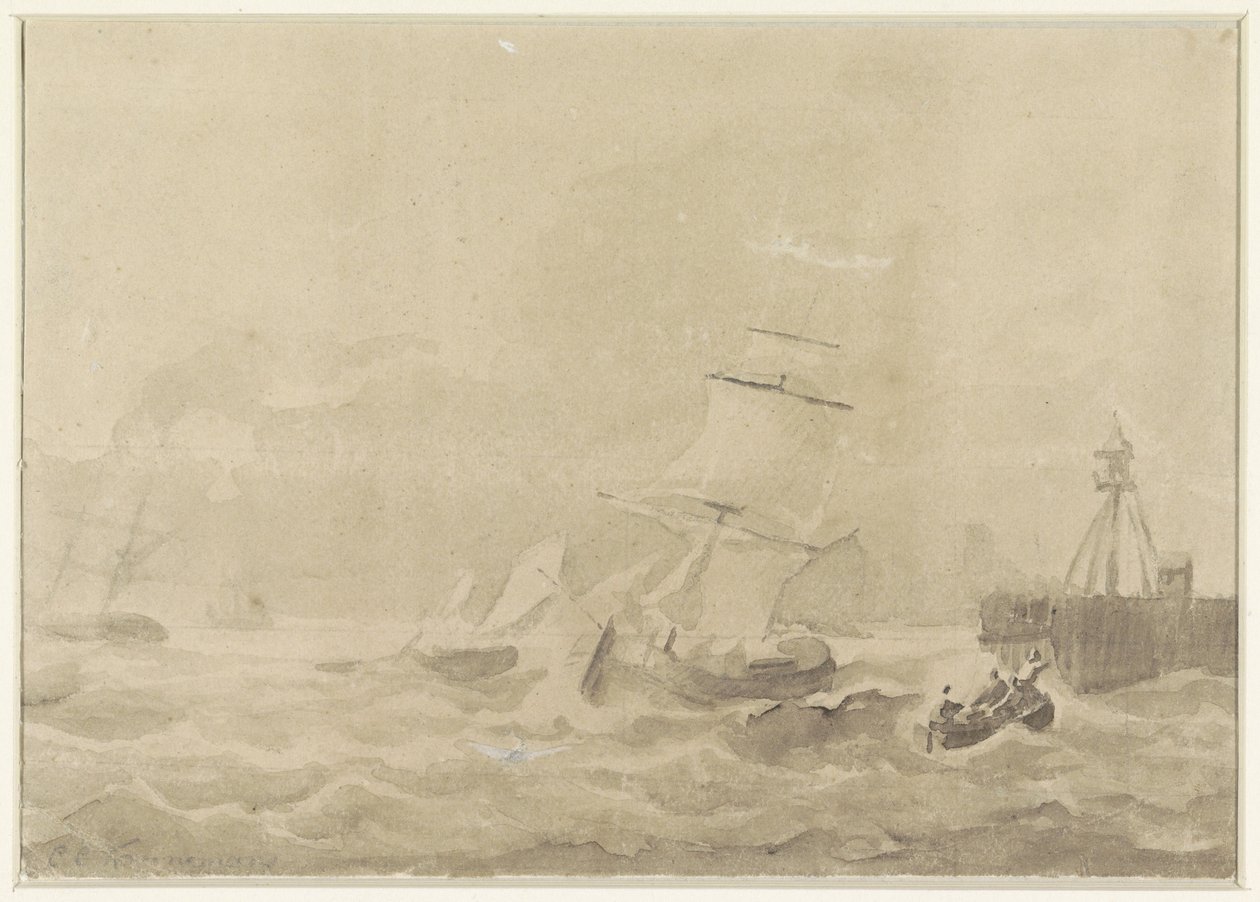 Turbulent hav med segelfartyg av Christiaan Cornelis Kannemans