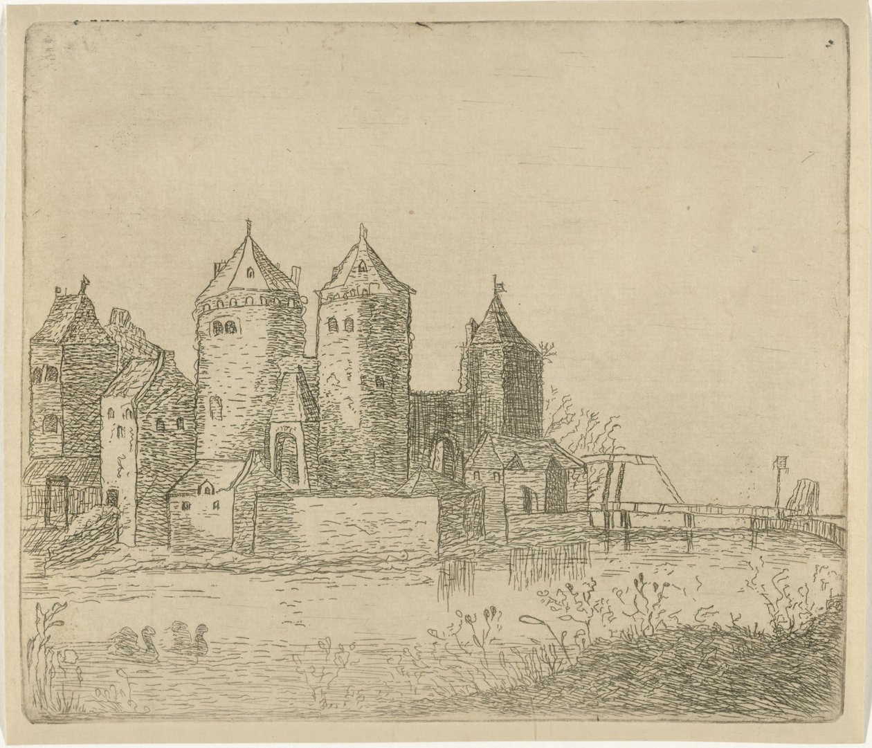 Utsikt över ett slott med en vallgrav av Christiaan Friedrich Ruppe