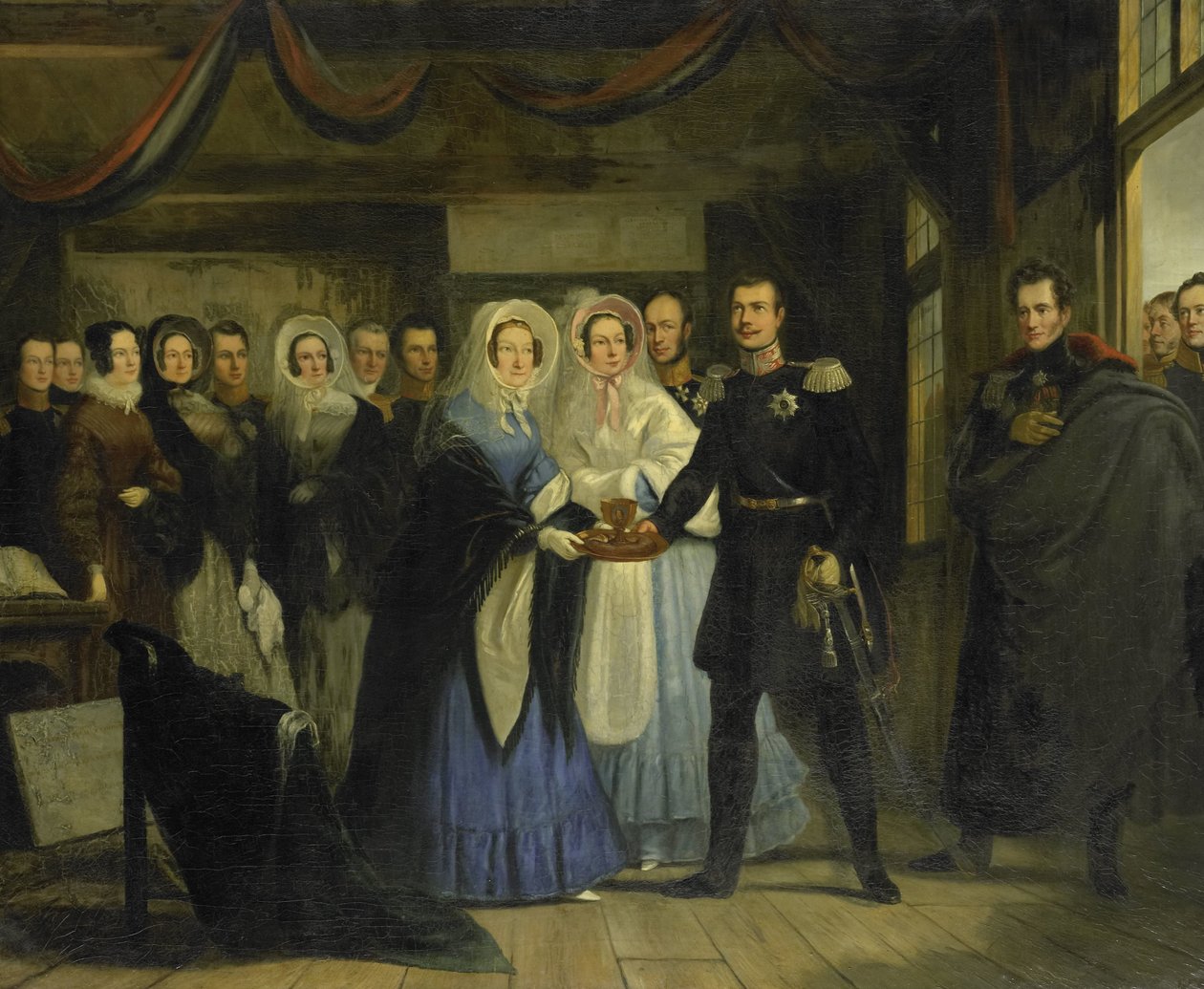 Prinsessan av Orange tar emot Alexander II (1818-1881), storhertig och arvtagare till Rysslands tron, i tsar Peters hus i Zaandam, 17 april 1839 av Christiaan Julius Lodewijk Portman